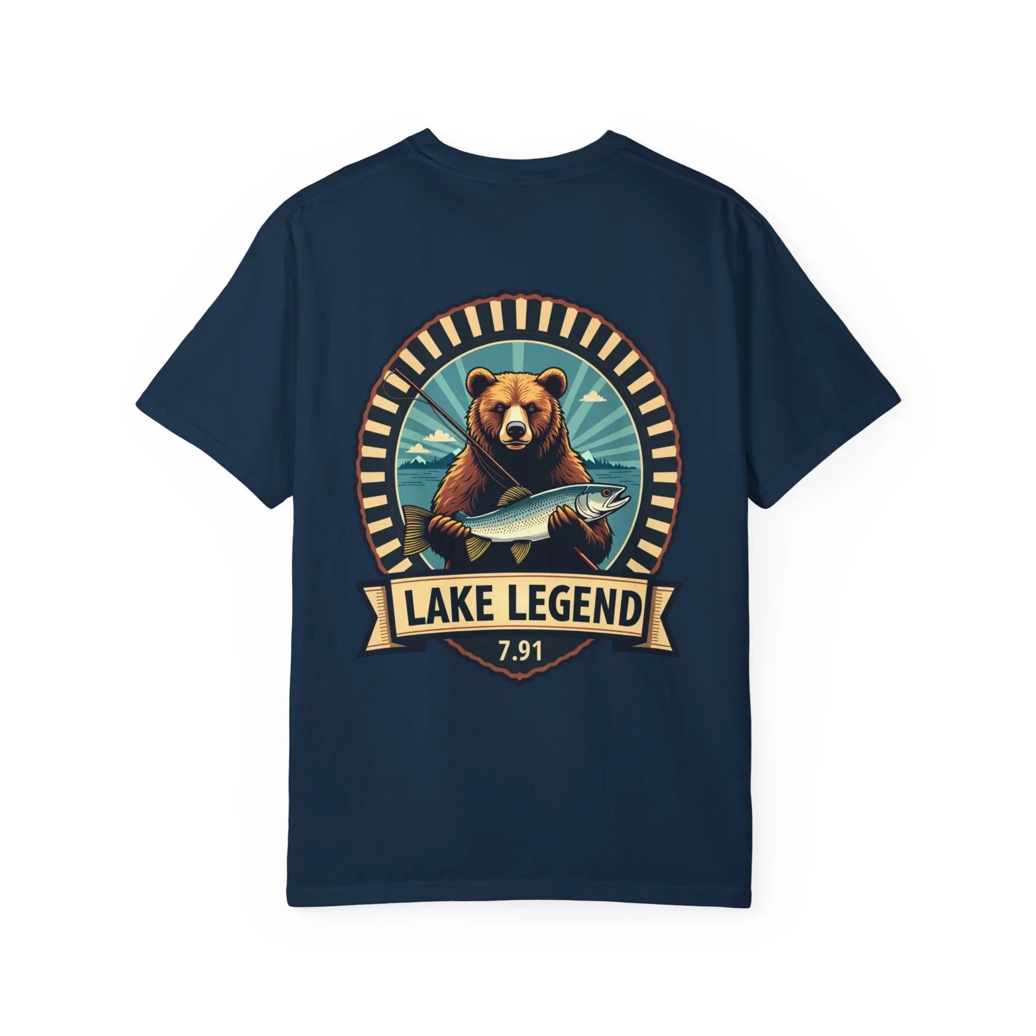 Bear Holding Fish Lake Legend Shirt, Vintage Fishing Badge Tee, Trout Angler T-Shirt, Lake Life Cabin Camping Outdoors Gift True Navy