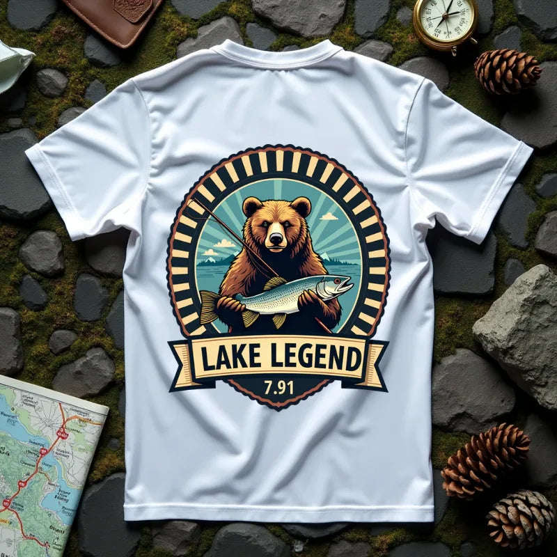 Bear Holding Fish Lake Legend Shirt, Vintage Fishing Badge Tee, Trout Angler T-Shirt, Lake Life Cabin Camping Outdoors Gift White