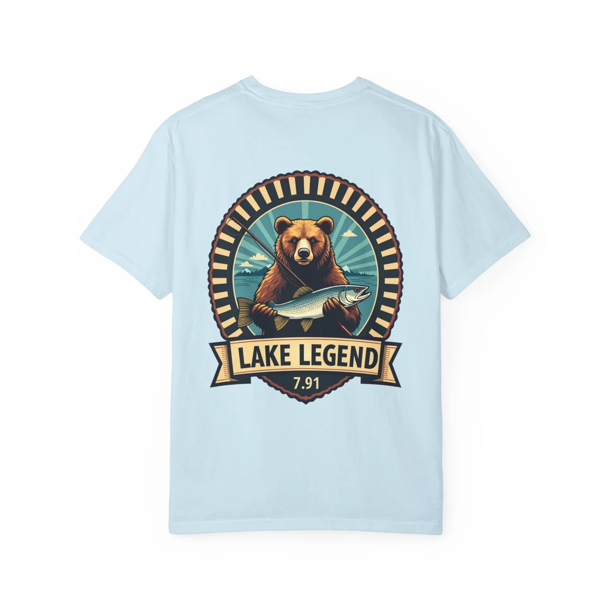 Bear Holding Fish Lake Legend Shirt, Vintage Fishing Badge Tee, Trout Angler T-Shirt, Lake Life Cabin Camping Outdoors Gift Chambray