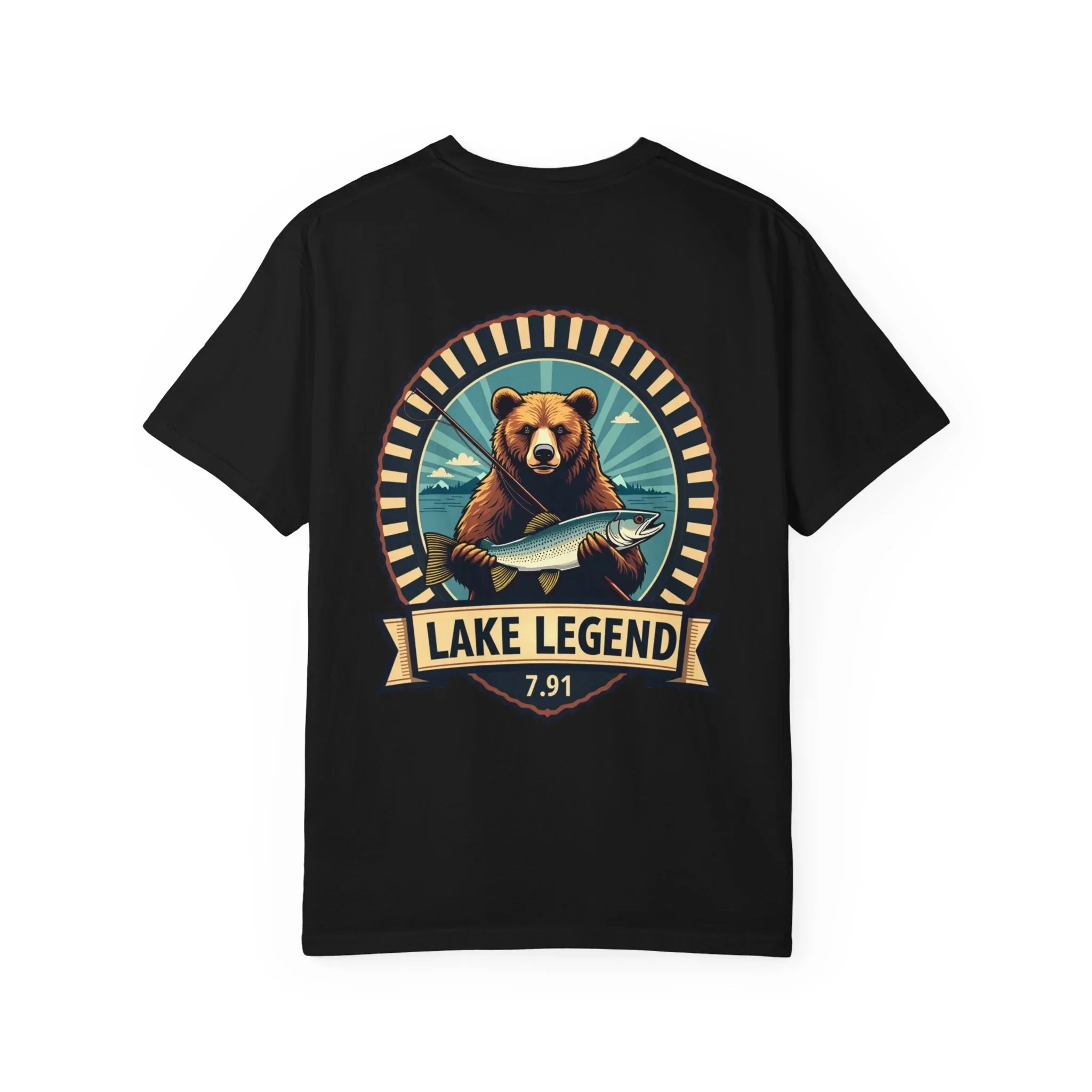 Bear Holding Fish Lake Legend Shirt, Vintage Fishing Badge Tee, Trout Angler T-Shirt, Lake Life Cabin Camping Outdoors Gift Black