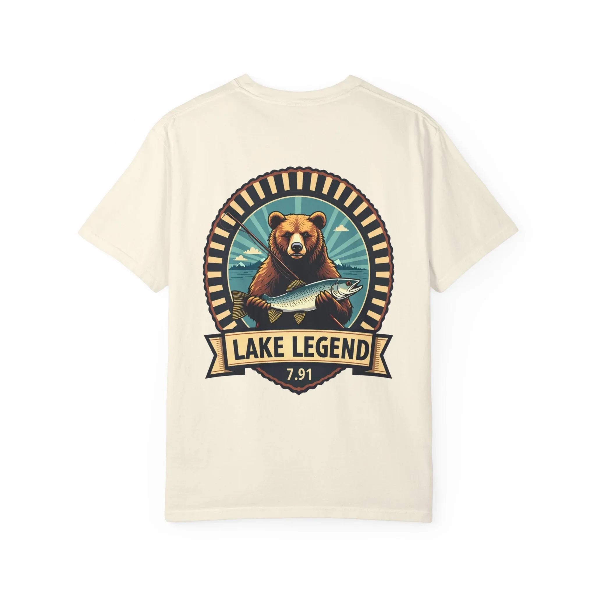 Bear Holding Fish Lake Legend Shirt, Vintage Fishing Badge Tee, Trout Angler T-Shirt, Lake Life Cabin Camping Outdoors Gift Ivory