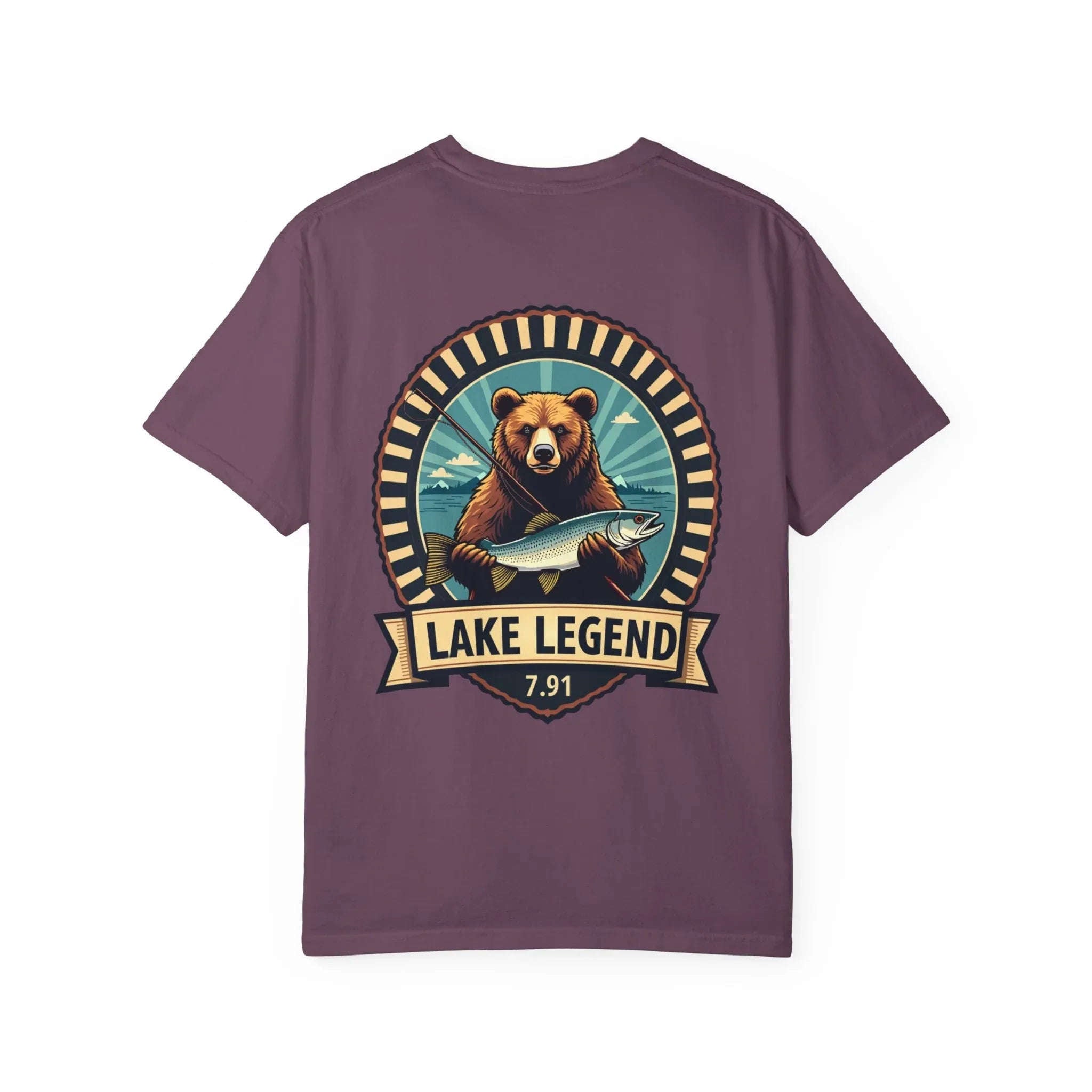 Bear Holding Fish Lake Legend Shirt, Vintage Fishing Badge Tee, Trout Angler T-Shirt, Lake Life Cabin Camping Outdoors Gift Berry M