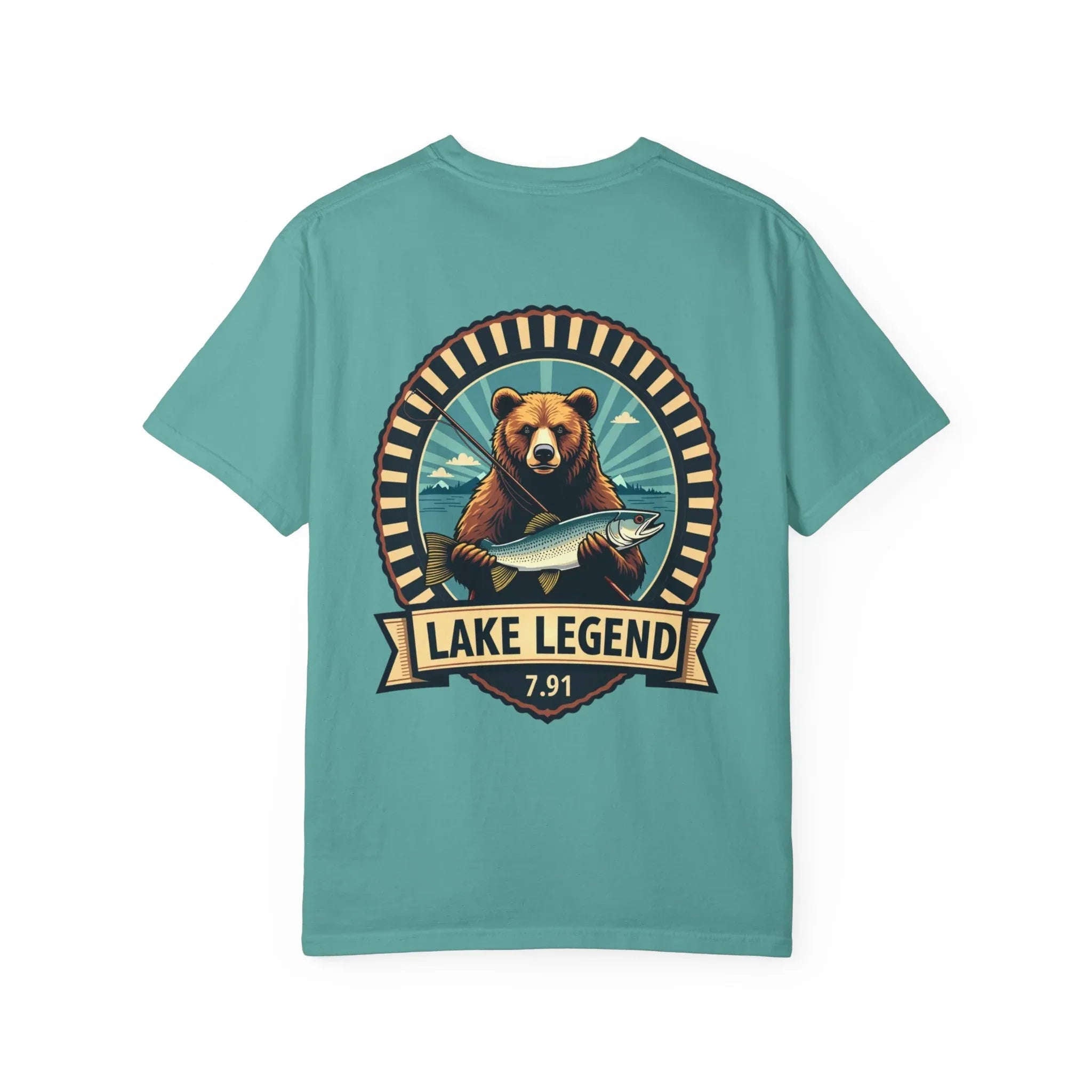 Bear Holding Fish Lake Legend Shirt, Vintage Fishing Badge Tee, Trout Angler T-Shirt, Lake Life Cabin Camping Outdoors Gift Seafoam