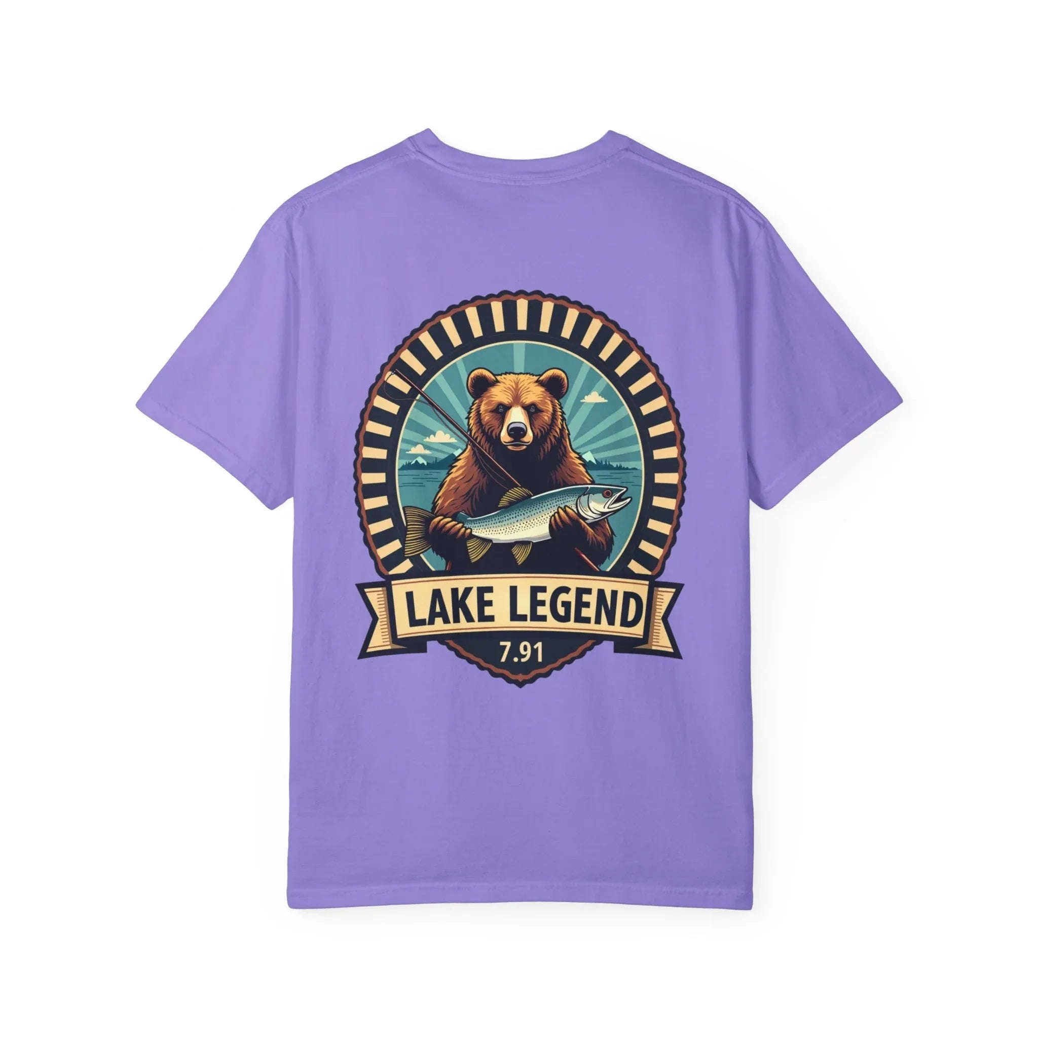Bear Holding Fish Lake Legend Shirt, Vintage Fishing Badge Tee, Trout Angler T-Shirt, Lake Life Cabin Camping Outdoors Gift Violet