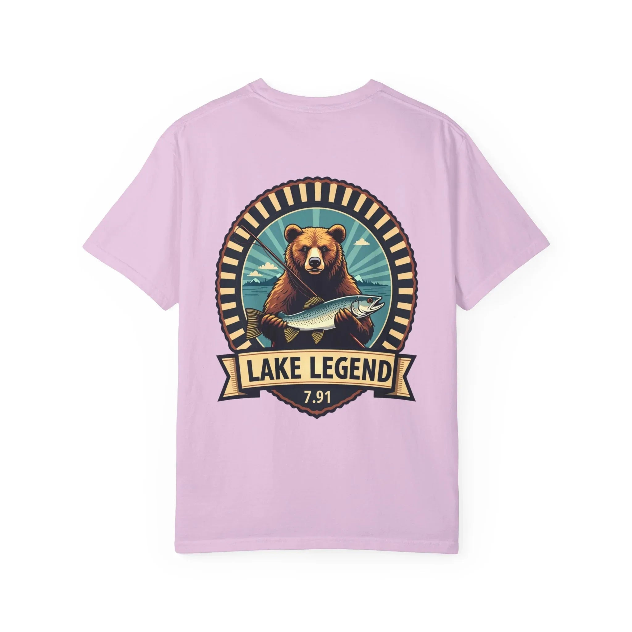 Bear Holding Fish Lake Legend Shirt, Vintage Fishing Badge Tee, Trout Angler T-Shirt, Lake Life Cabin Camping Outdoors Gift Orchid