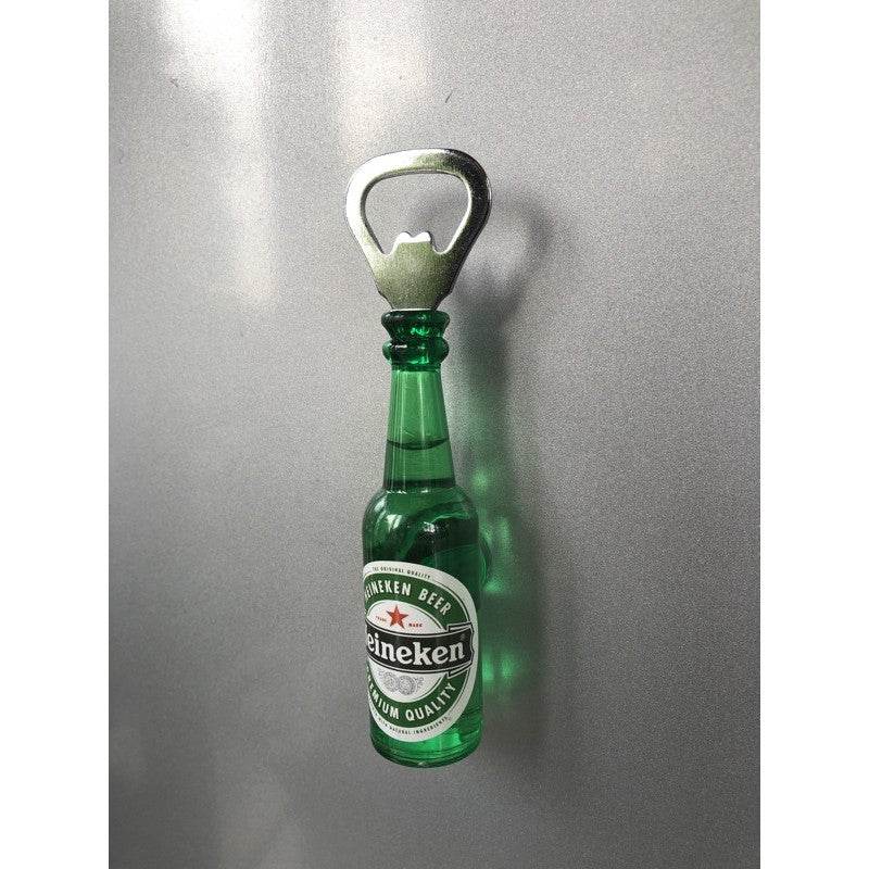 One-Sake.com beer bottle opener fridge magnet shaped like a green Heineken beer bottle