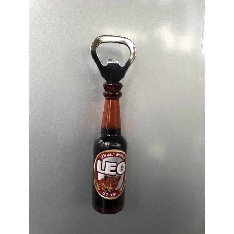 One-Sake.com beer bottle opener fridge magnet shaped like a Leo beer bottle with metal opener