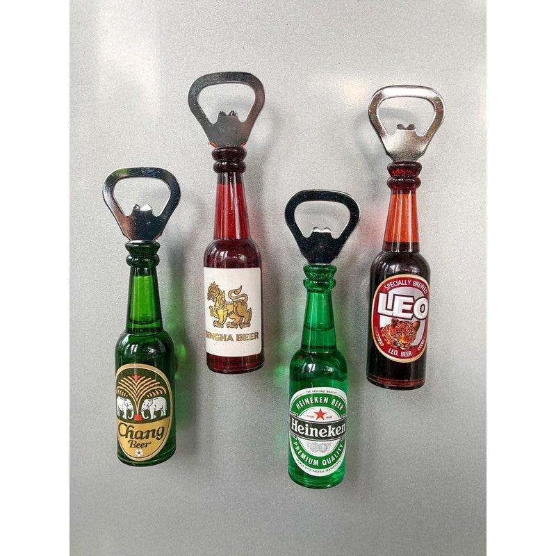 Set of four beer bottle opener fridge magnet shaped like popular beer bottles with metal openers