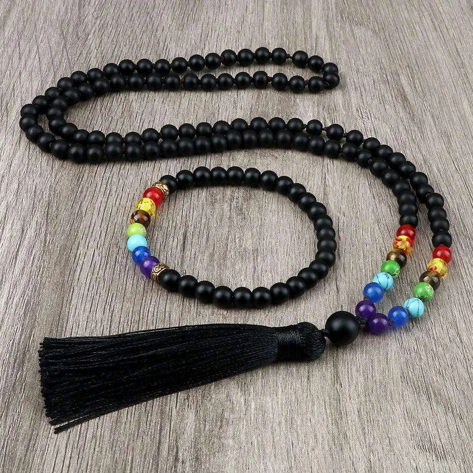 🌑 Black Onyx & 7 Chakra Mala: Shiny/Matte 108 Bead Necklace & Wrap Bracelet – Grounding, Protection & Anxiety Relief Meditation Rosary