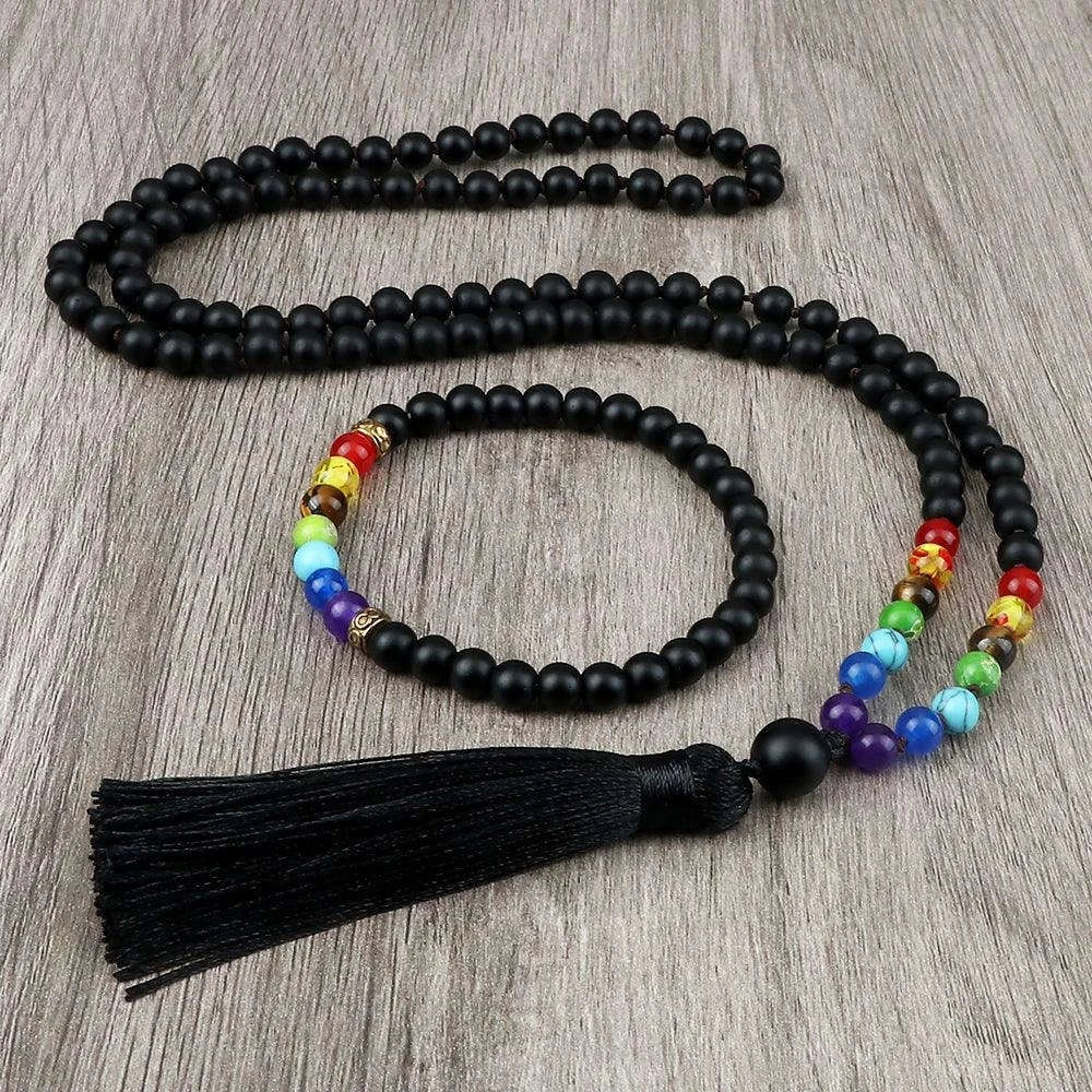 🌑 Black Onyx & 7 Chakra Mala: Shiny/Matte 108 Bead Necklace & Wrap Bracelet – Grounding, Protection & Anxiety Relief Meditation Rosary