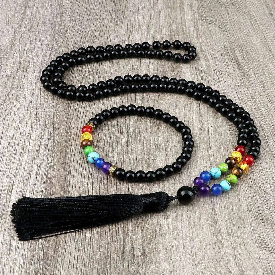🌑 Black Onyx & 7 Chakra Mala: Shiny/Matte 108 Bead Necklace & Wrap Bracelet – Grounding, Protection & Anxiety Relief Meditation Rosary