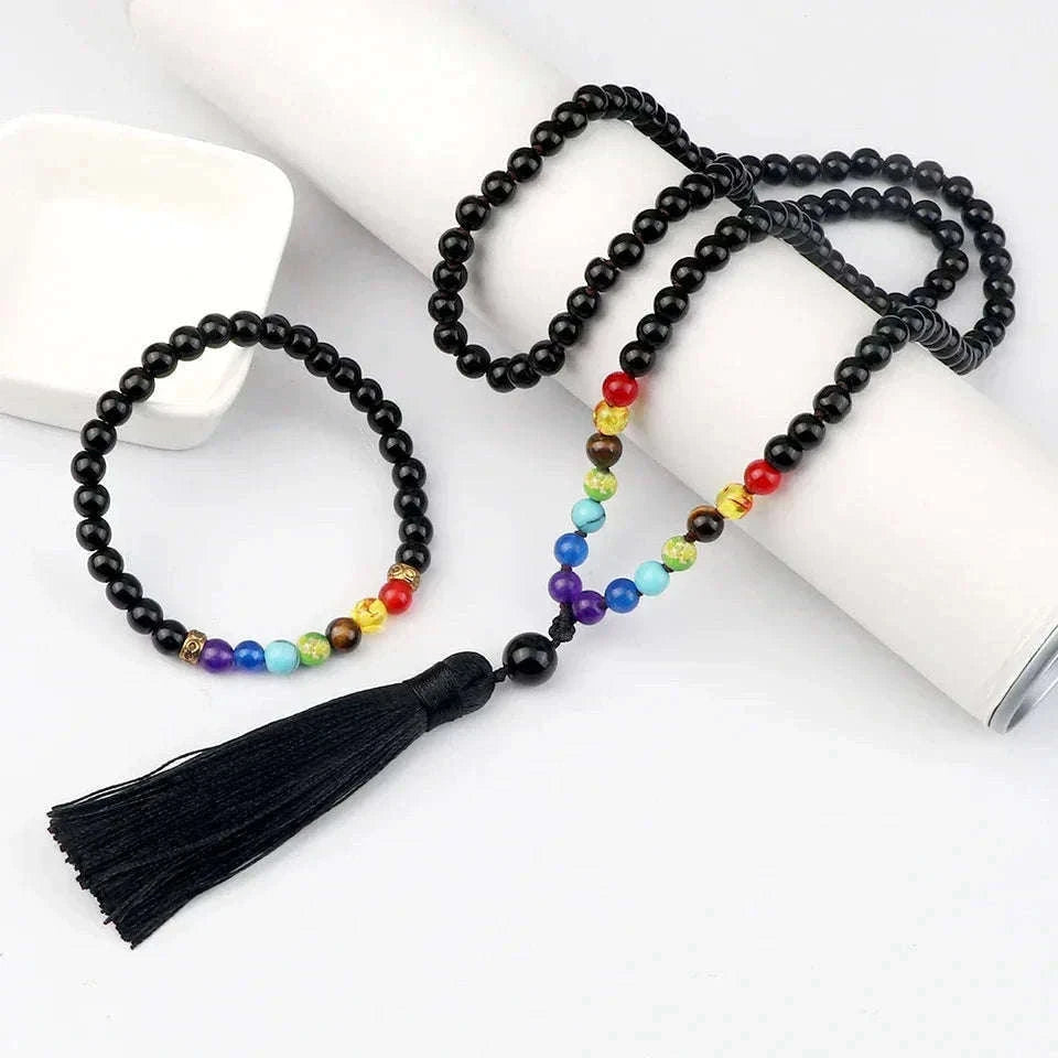 🌑 Black Onyx & 7 Chakra Mala: Shiny/Matte 108 Bead Necklace & Wrap Bracelet – Grounding, Protection & Anxiety Relief Meditation Rosary