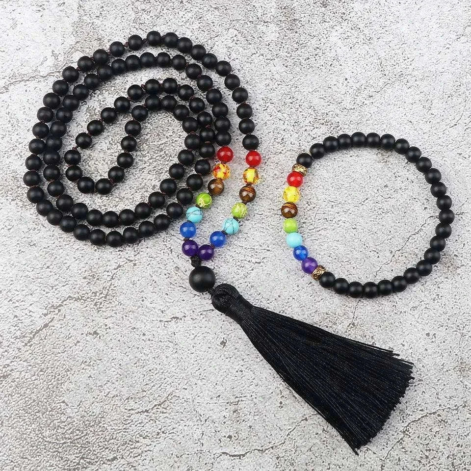 🌑 Black Onyx & 7 Chakra Mala: Shiny/Matte 108 Bead Necklace & Wrap Bracelet – Grounding, Protection & Anxiety Relief Meditation Rosary