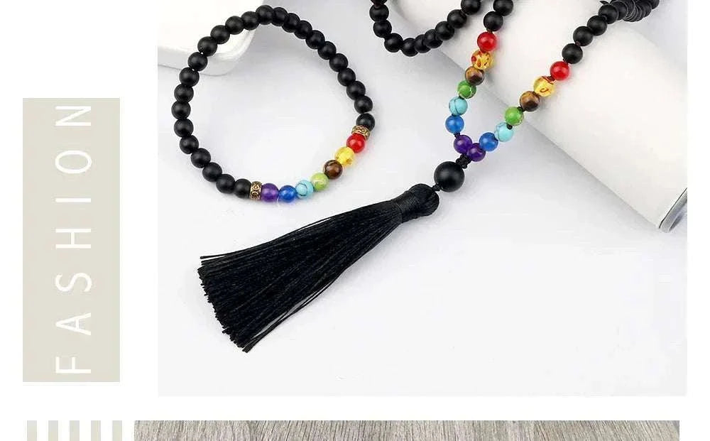 🌑 Black Onyx & 7 Chakra Mala: Shiny/Matte 108 Bead Necklace & Wrap Bracelet – Grounding, Protection & Anxiety Relief Meditation Rosary