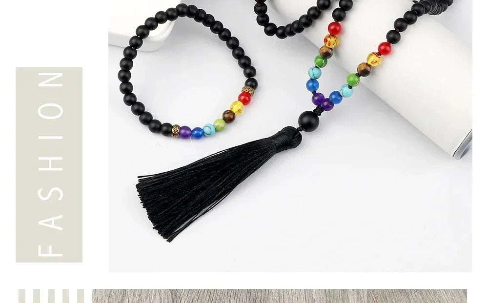 🌑 Black Onyx & 7 Chakra Mala: Shiny/Matte 108 Bead Necklace & Wrap Bracelet – Grounding, Protection & Anxiety Relief Meditation Rosary