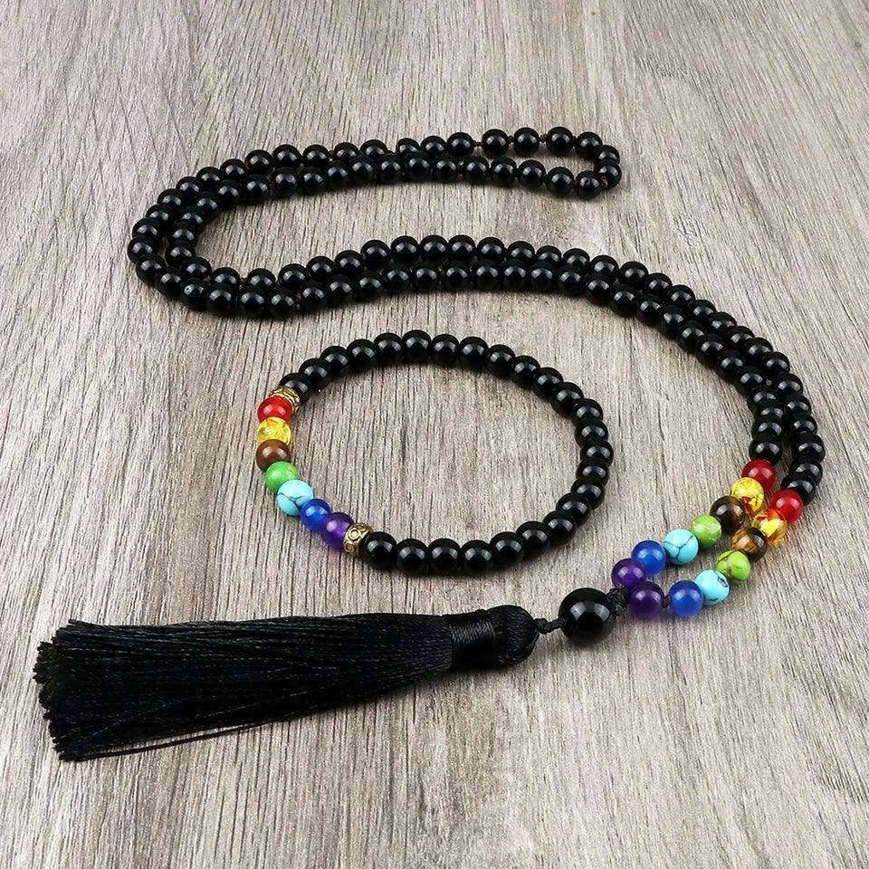 🌑 Black Onyx & 7 Chakra Mala: Shiny/Matte 108 Bead Necklace & Wrap Bracelet – Grounding, Protection & Anxiety Relief Meditation Rosary