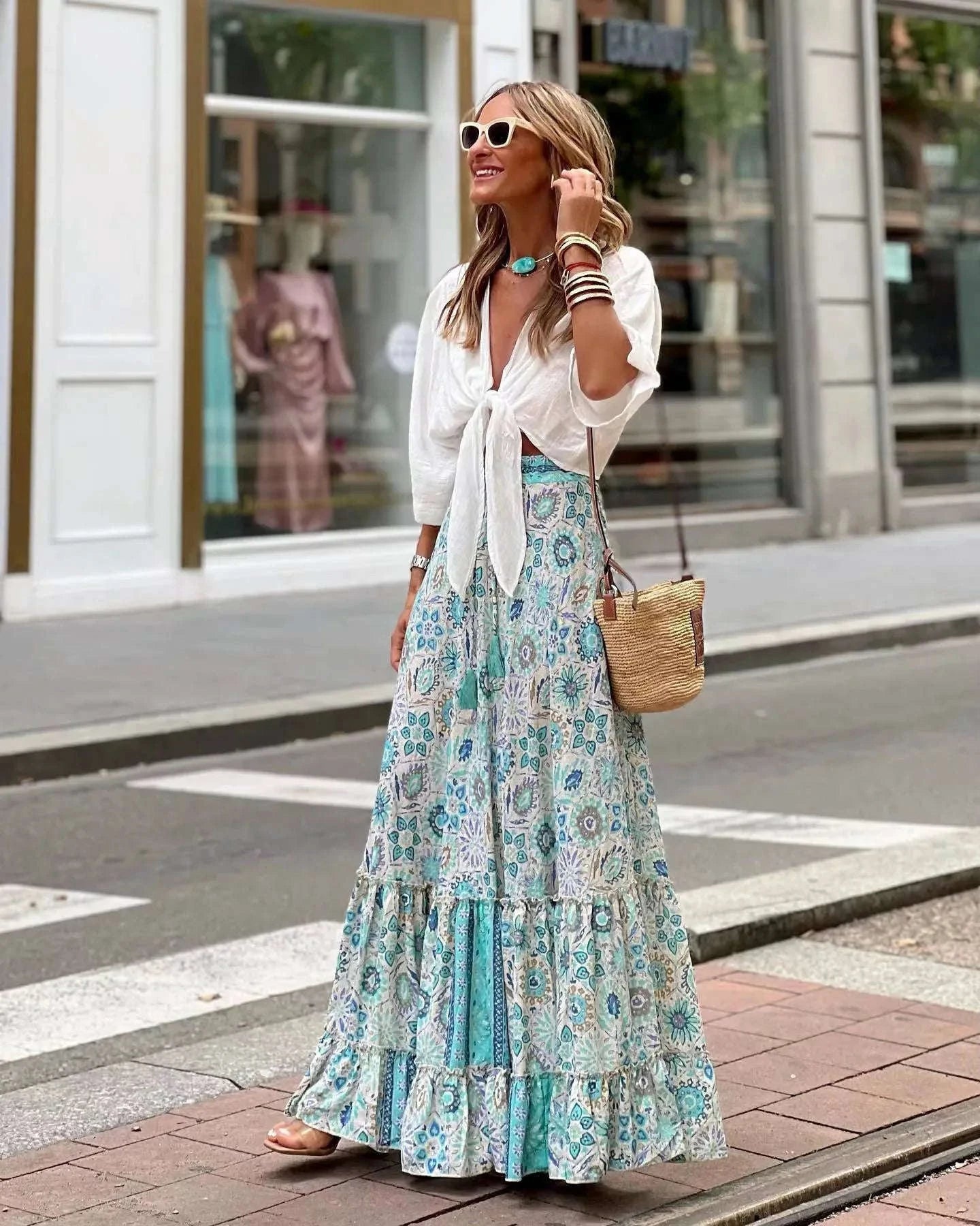 Bohemian A-line Skirt for Women – Loose Ruffle Summer Beach Vacation Skirt with Drawstring – Fashionable Streetwear Blue-01