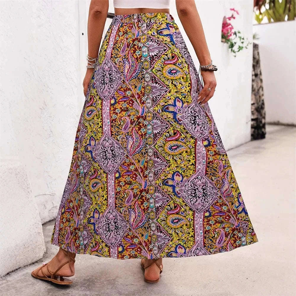 👗Bohemian Boho Retro Floral Print Skirts – Women’s Indie Folk Summer High Waist A-Line Pleated Long Skirts