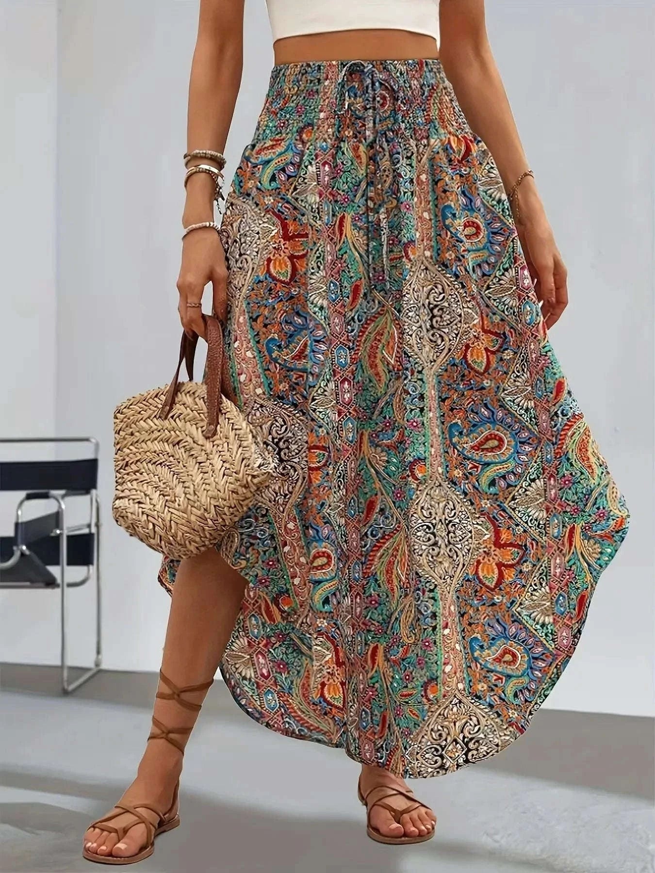 🌸 Bohemian Boho Vintage Floral Print Skirts – Women’s Summer High Waist A-Line Pleated Elastic Waist Long Skirts, Casual Holiday Beachwear