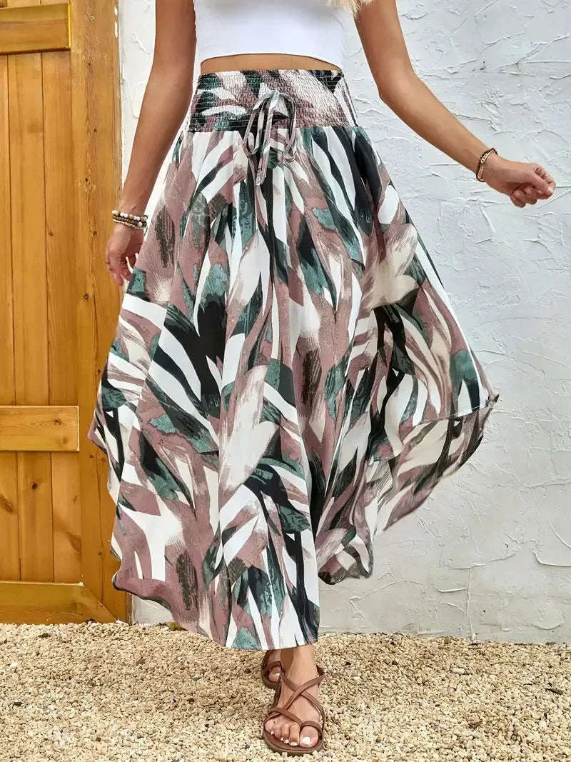 🌸 Bohemian Boho Vintage Floral Print Skirts – Women’s Summer High Waist A-Line Pleated Elastic Waist Long Skirts, Casual Holiday Beachwear