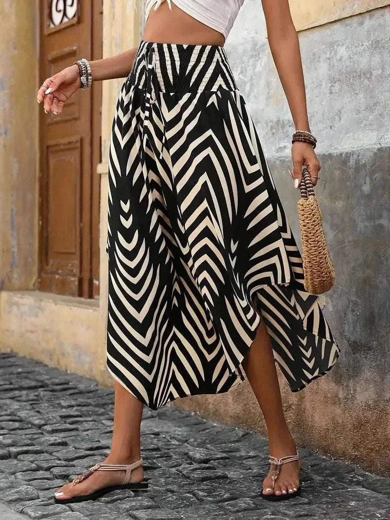 🌸 Bohemian Boho Vintage Floral Print Skirts – Women’s Summer High Waist A-Line Pleated Elastic Waist Long Skirts, Casual Holiday Beachwear