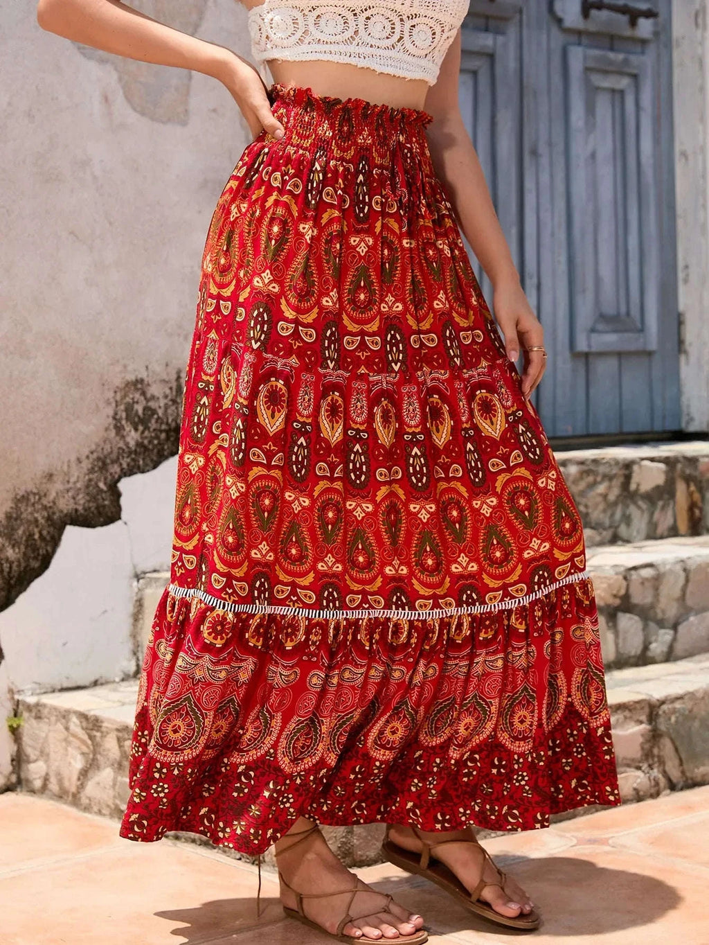 Bohemian Printed Skirt - Ethnic Splicing A-Line Long Skirt for Holiday and Beach Travel