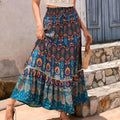 Bohemian Printed Skirt - Ethnic Splicing A-Line Long Skirt for Holiday and Beach Travel blue