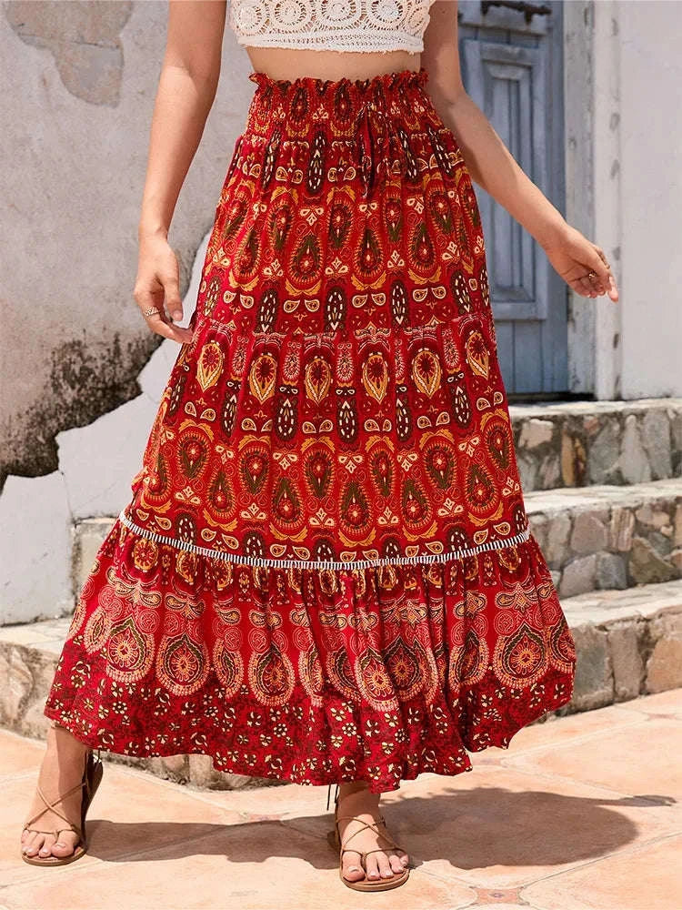 Bohemian Printed Skirt - Ethnic Splicing A-Line Long Skirt for Holiday and Beach Travel red