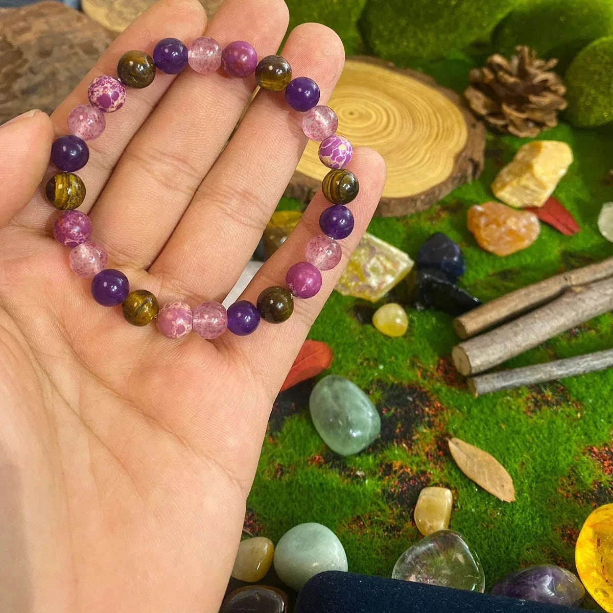 ✨ Bohemian Style Calm Mind Bracelet – Tiger Eye & Rose Quartz Stretch Bracelet – Unisex Natural Stone Jewelry Gift