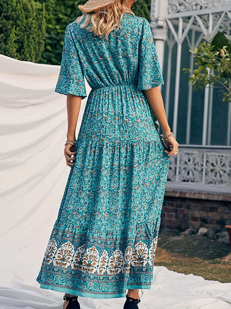 Boho Summer Dress for Women - Fashionable Short Sleeve V Neck Dress in Boho Print for Beach Outings
