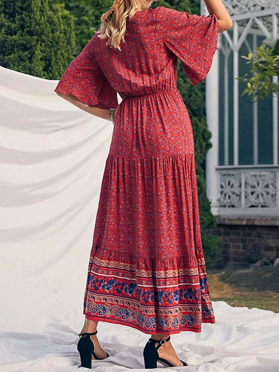 Boho Summer Dress for Women - Fashionable Short Sleeve V Neck Dress in Boho Print for Beach Outings