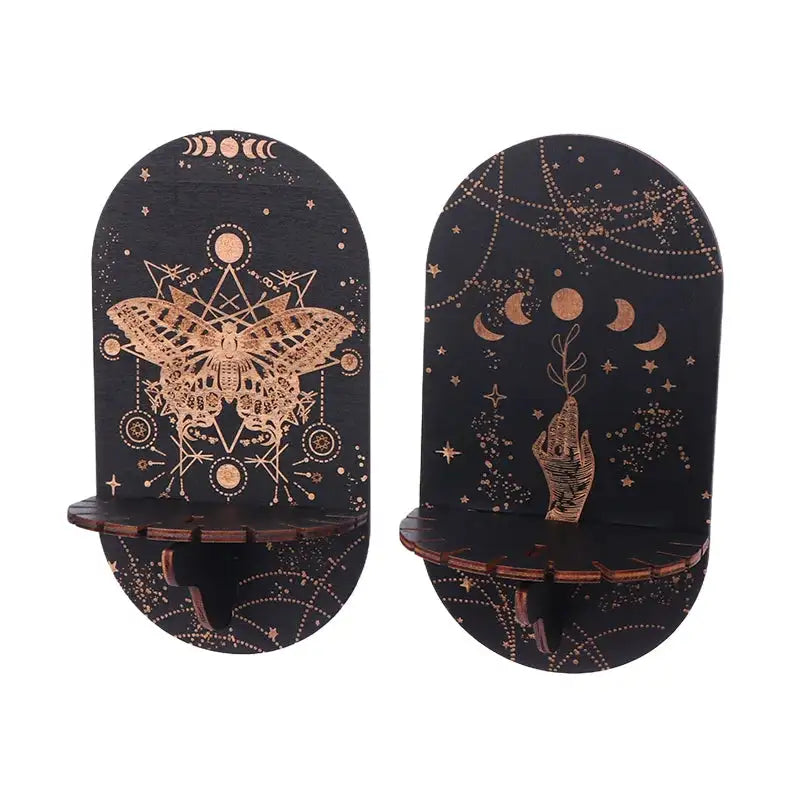 Boho Wooden Carving Pattern Wall Shelf – Elegant Crystal Display and Candle Holder for Spiritual and Home Decoration