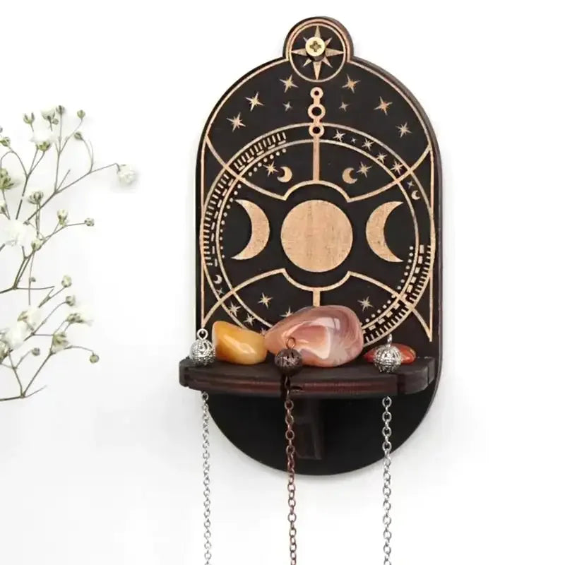 Boho Wooden Carving Pattern Wall Shelf – Elegant Crystal Display and Candle Holder for Spiritual and Home Decoration