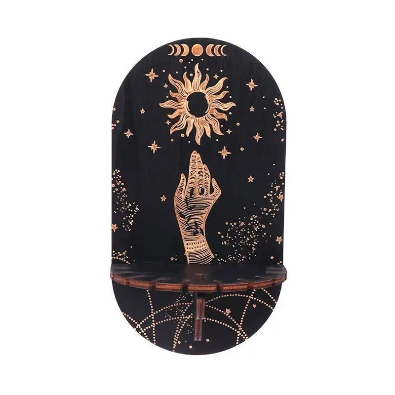 Boho Wooden Carving Pattern Wall Shelf – Elegant Crystal Display and Candle Holder for Spiritual and Home Decoration A9