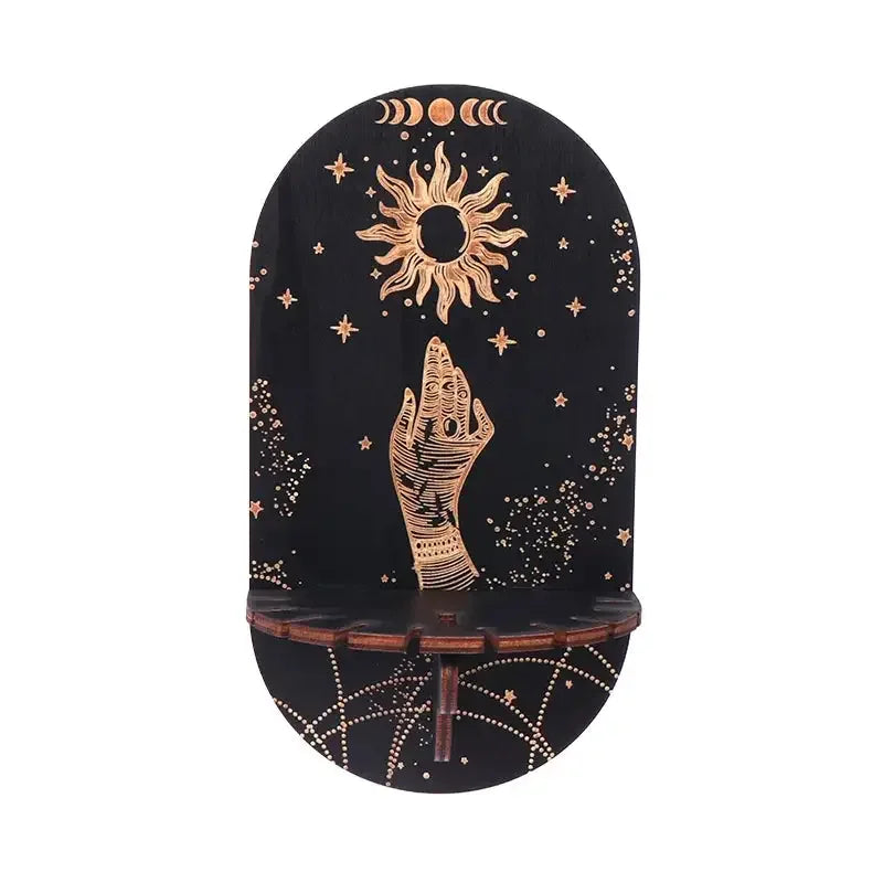 Boho Wooden Carving Pattern Wall Shelf – Elegant Crystal Display and Candle Holder for Spiritual and Home Decoration A9