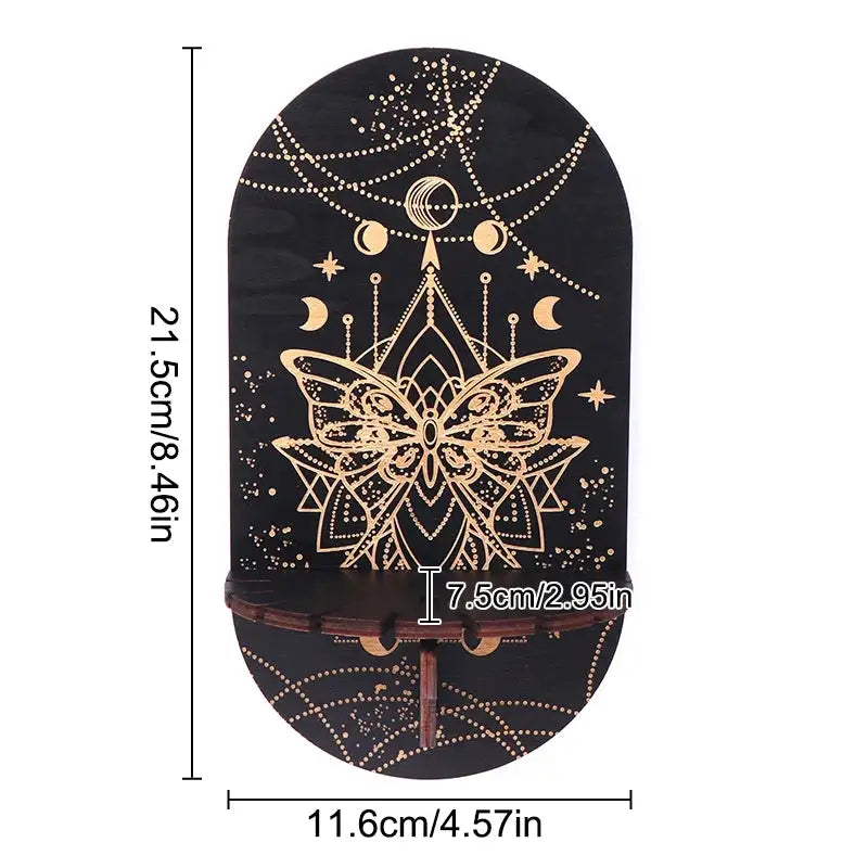Boho Wooden Carving Pattern Wall Shelf – Elegant Crystal Display and Candle Holder for Spiritual and Home Decoration