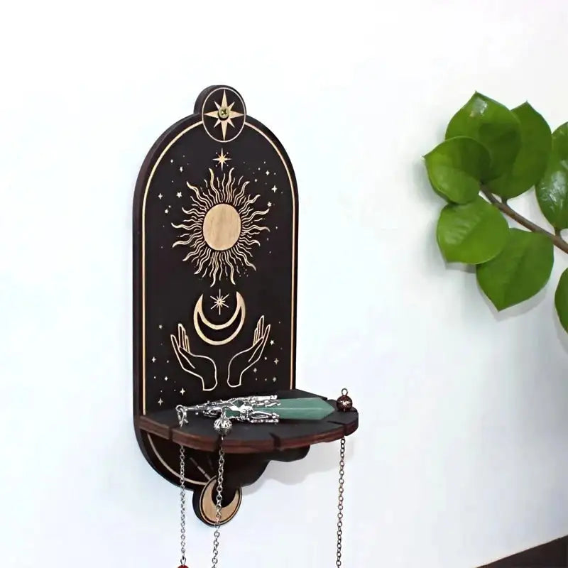 Boho Wooden Carving Pattern Wall Shelf – Elegant Crystal Display and Candle Holder for Spiritual and Home Decoration