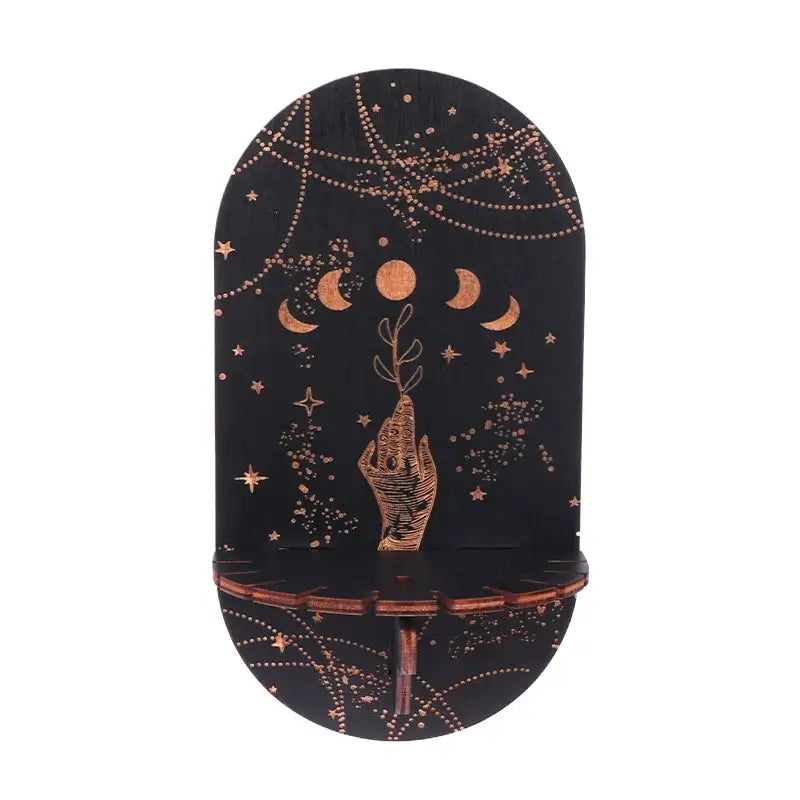Boho Wooden Carving Pattern Wall Shelf – Elegant Crystal Display and Candle Holder for Spiritual and Home Decoration A3