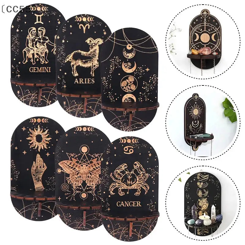 Boho Wooden Carving Pattern Wall Shelf – Elegant Crystal Display and Candle Holder for Spiritual and Home Decoration