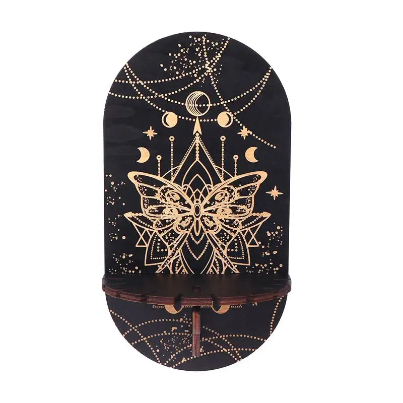 Boho Wooden Carving Pattern Wall Shelf – Elegant Crystal Display and Candle Holder for Spiritual and Home Decoration A7