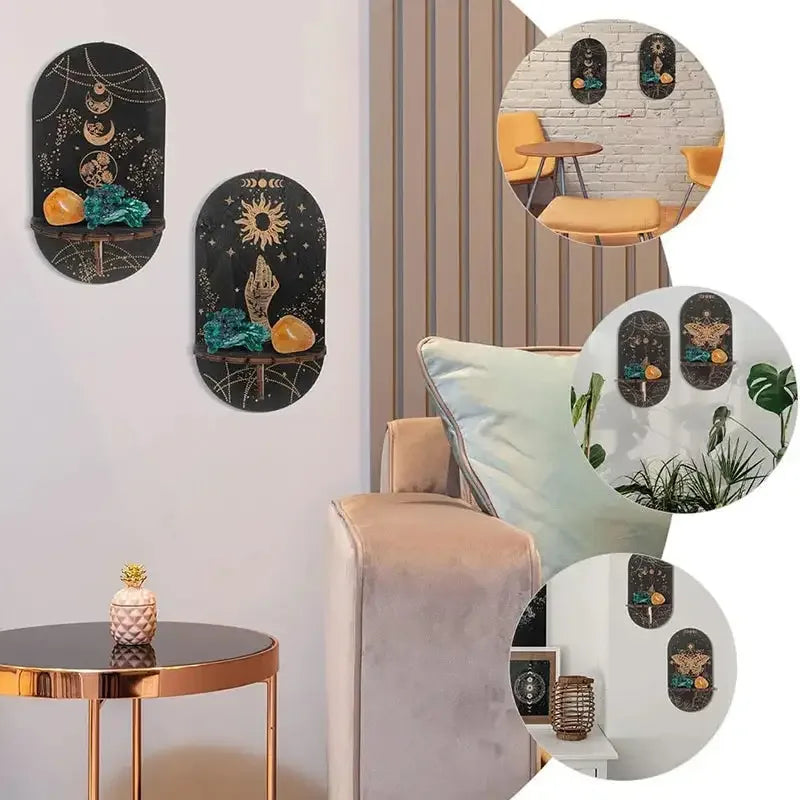 Boho Wooden Carving Pattern Wall Shelf – Elegant Crystal Display and Candle Holder for Spiritual and Home Decoration
