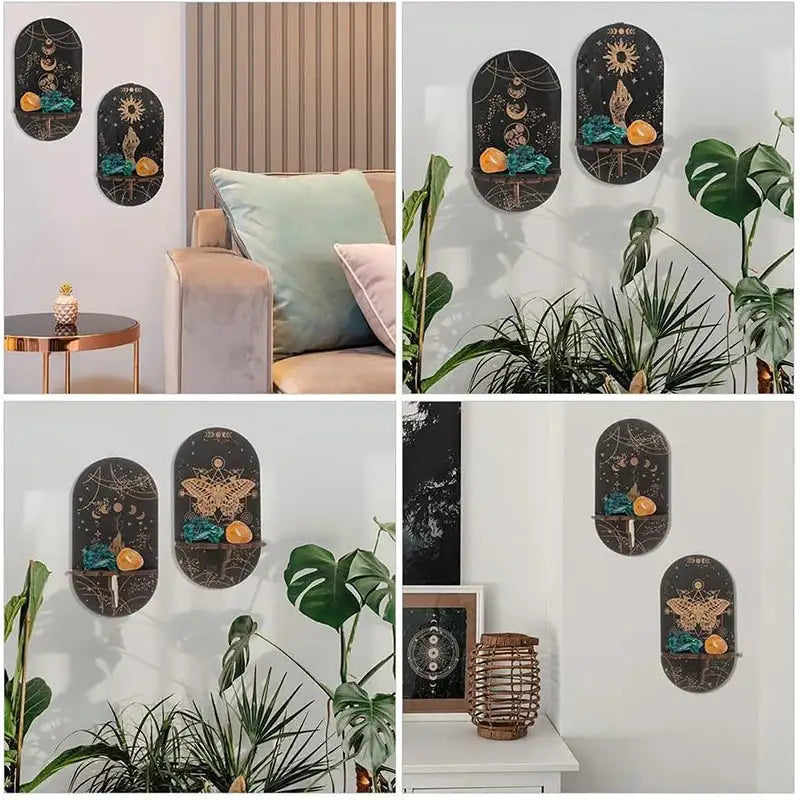 Boho Wooden Carving Pattern Wall Shelf – Elegant Crystal Display and Candle Holder for Spiritual and Home Decoration