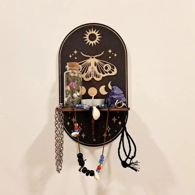 Boho Wooden Carving Pattern Wall Shelf – Elegant Crystal Display and Candle Holder for Spiritual and Home Decoration