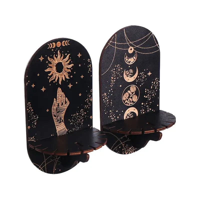 Boho Wooden Carving Pattern Wall Shelf – Elegant Crystal Display and Candle Holder for Spiritual and Home Decoration