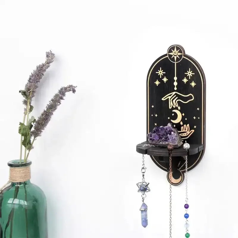 Boho Wooden Carving Pattern Wall Shelf – Elegant Crystal Display and Candle Holder for Spiritual and Home Decoration