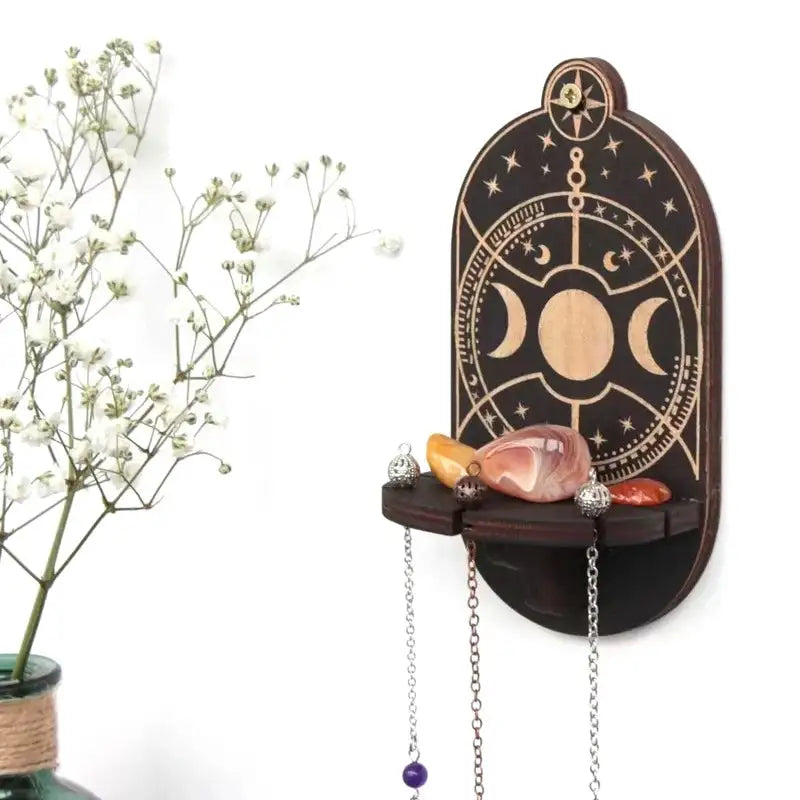 Boho Wooden Carving Pattern Wall Shelf – Elegant Crystal Display and Candle Holder for Spiritual and Home Decoration
