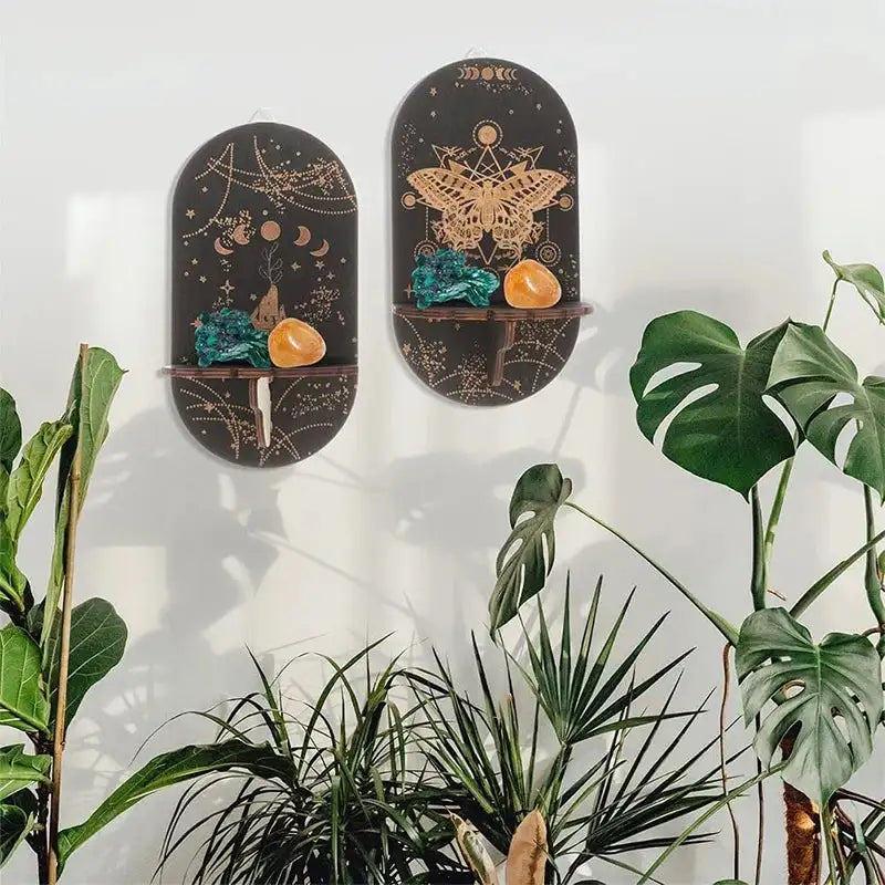 Boho Wooden Carving Pattern Wall Shelf – Elegant Crystal Display and Candle Holder for Spiritual and Home Decoration
