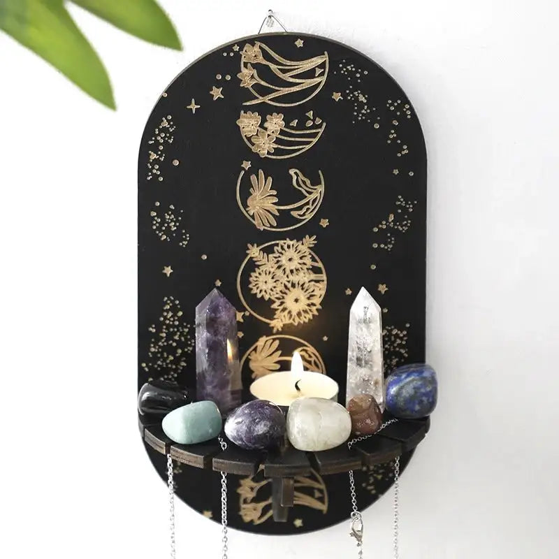 Boho Wooden Carving Pattern Wall Shelf – Elegant Crystal Display and Candle Holder for Spiritual and Home Decoration