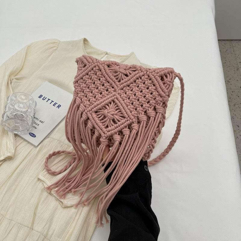 Boho Woven Shoulder Bag - Affordable Beach Tote with Long Strap, 17cm x 18cm & 50cm Strap