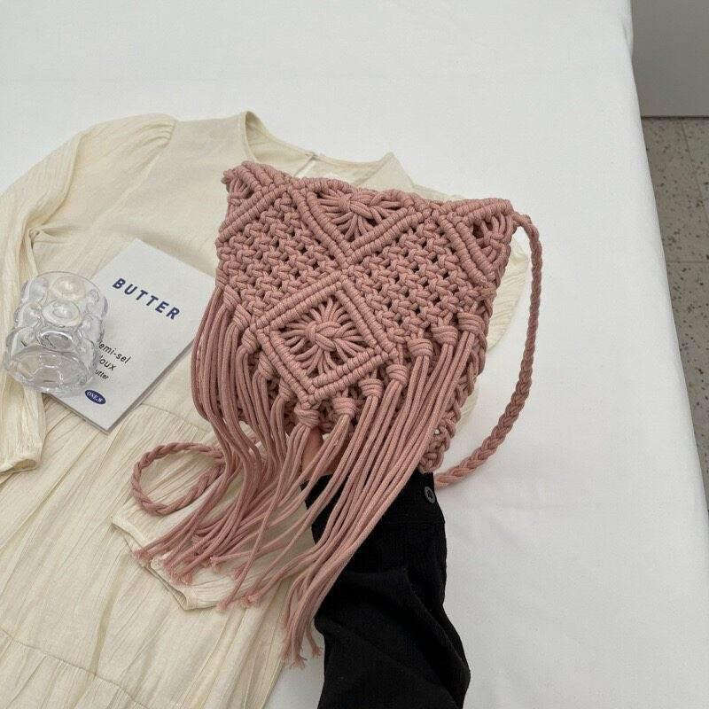 Boho Woven Shoulder Bag - Affordable Beach Tote with Long Strap, 17cm x 18cm & 50cm Strap pink